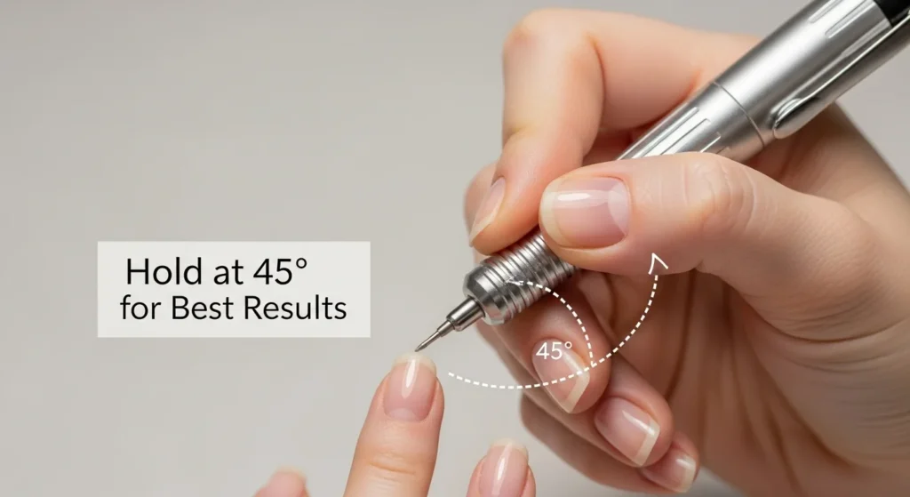 Hand holding a nail drill at a 45-degree angle over a nail, with an arrow and text 'Hold at 45° for Best Results' on a beige background.