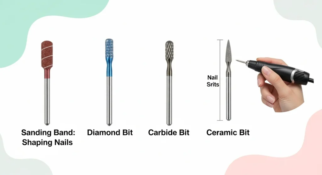 Four nail drill bits (sanding, diamond, carbide, ceramic) labeled with uses, next to a hand holding a drill, on a white background.