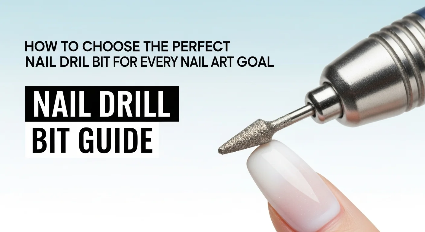 Nail drill with diamond bit shaping a nail, with text 'Nail Drill Bit Guide' on a pastel blue-white gradient background.