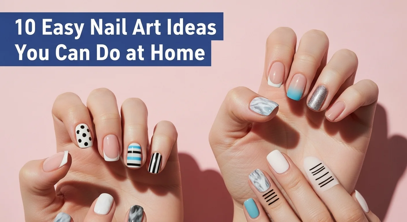 Hands with 10 different DIY nail art designs on a pastel background, with bold text overlay reading ‘10 Easy Nail Art Ideas You Can Do at Home.