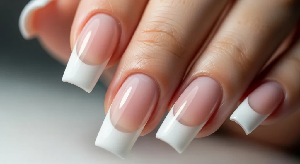 French tip acrylic nails on a real hand in natural light.