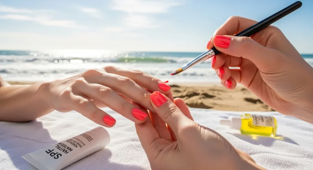 Hands applying glossy topcoat, SPF hand cream, and cuticle oil to coral nails on a sandy beach with ocean waves and a sunny sky