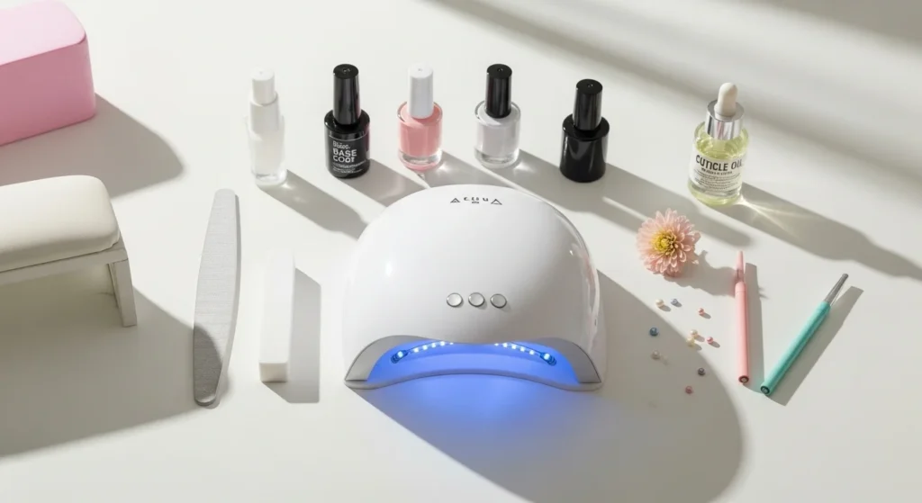 Flat lay of essential manicure tools for the best at-home routine, including polish, nail file, buffer, cuticle oil, and UV lamp.