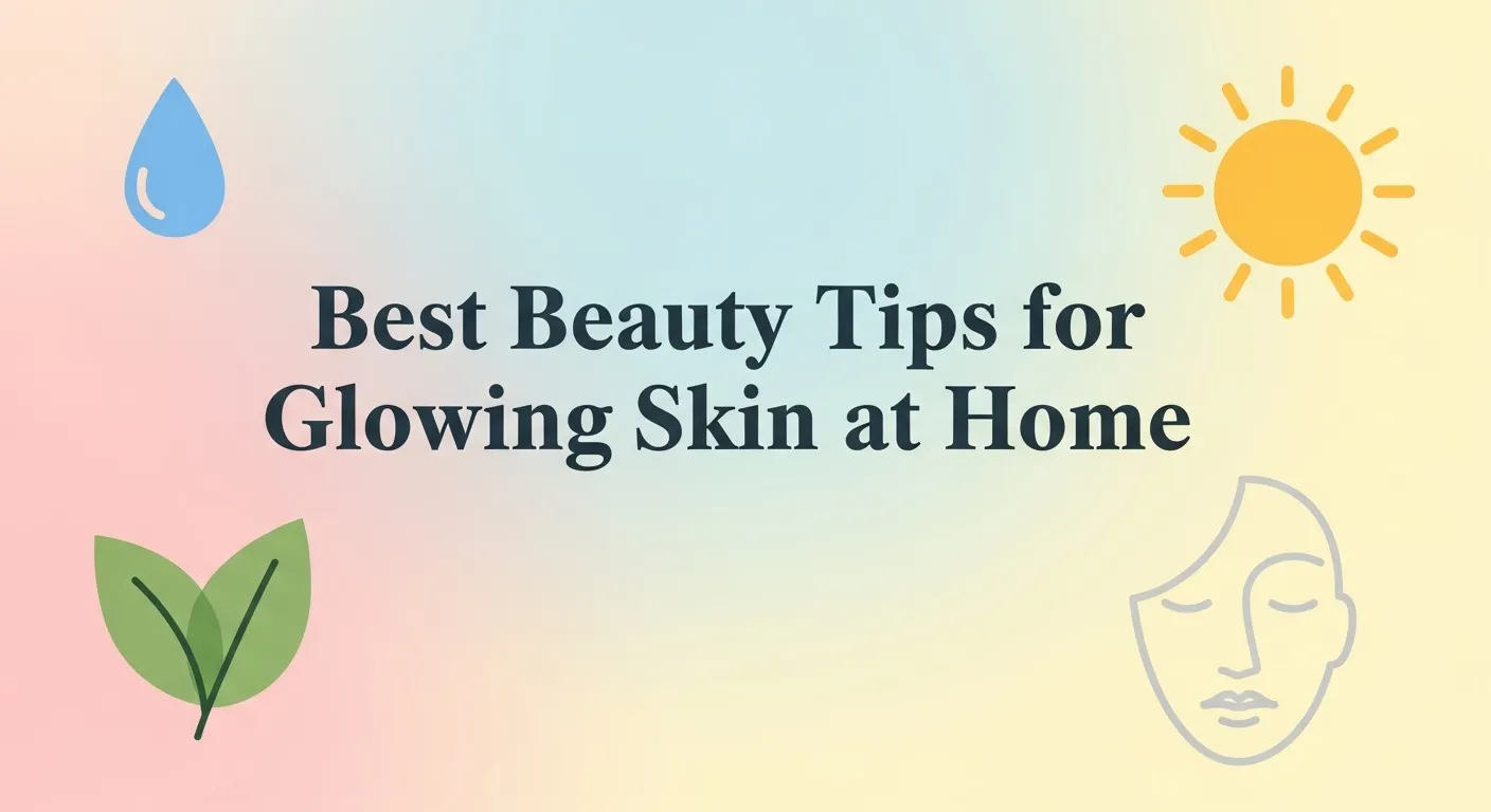 Thumbnail design with text ‘Best Beauty Tips for Glowing Skin at Home’ on pastel background with simple skincare icons.
