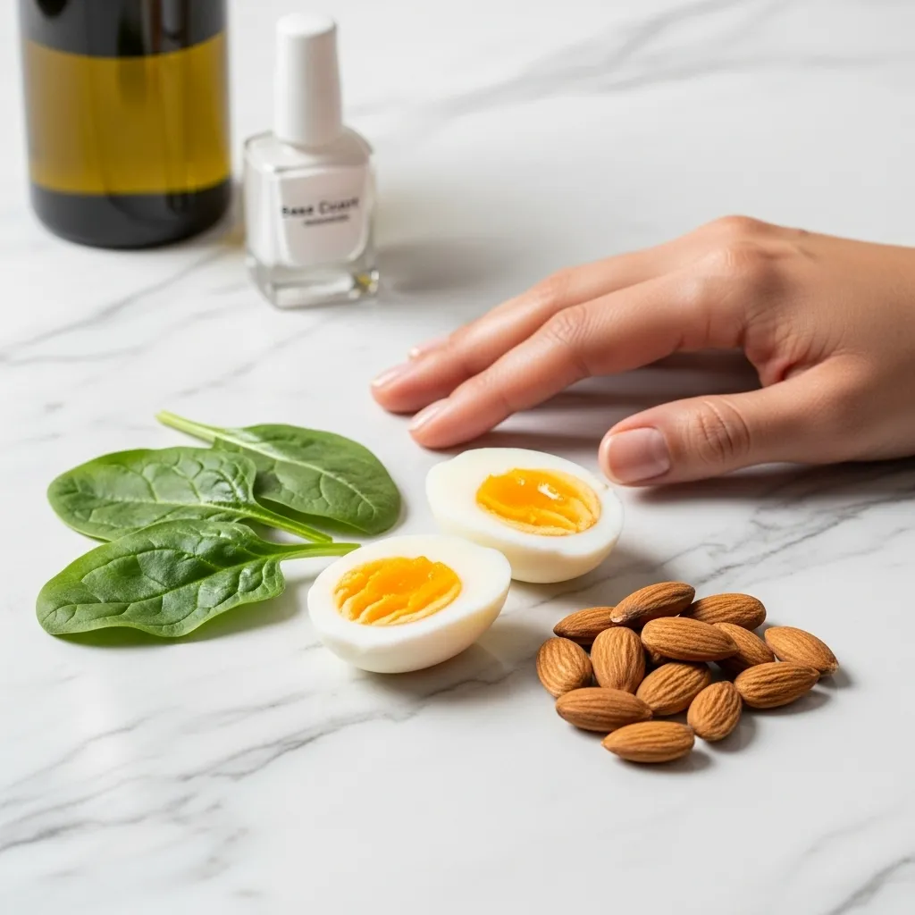 Healthy hand beside eggs, almonds, spinach, and olive oil for nail growth.