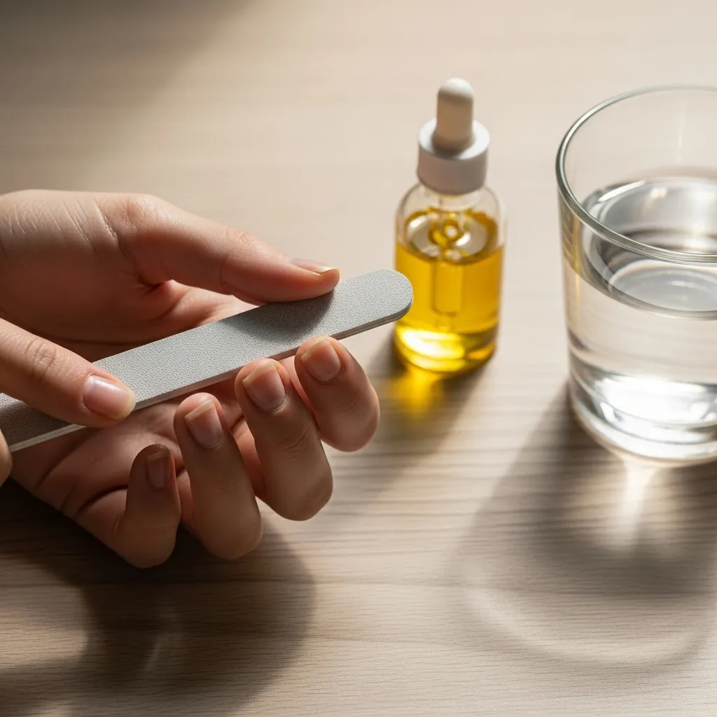Hand filing brittle nails with cuticle oil and water nearby.