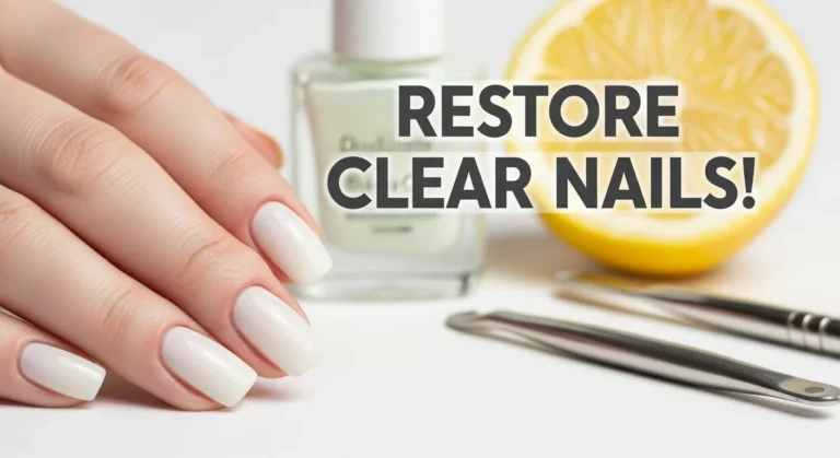 Titled 'Dealing with Yellow or Discolored Nails.' Show a close-up of healthy, natural nails with a smooth, clear appearance, free of discoloration. Include a subtle background with a bottle of clear base coat polish and a lemon slice to suggest whitening remedies.
