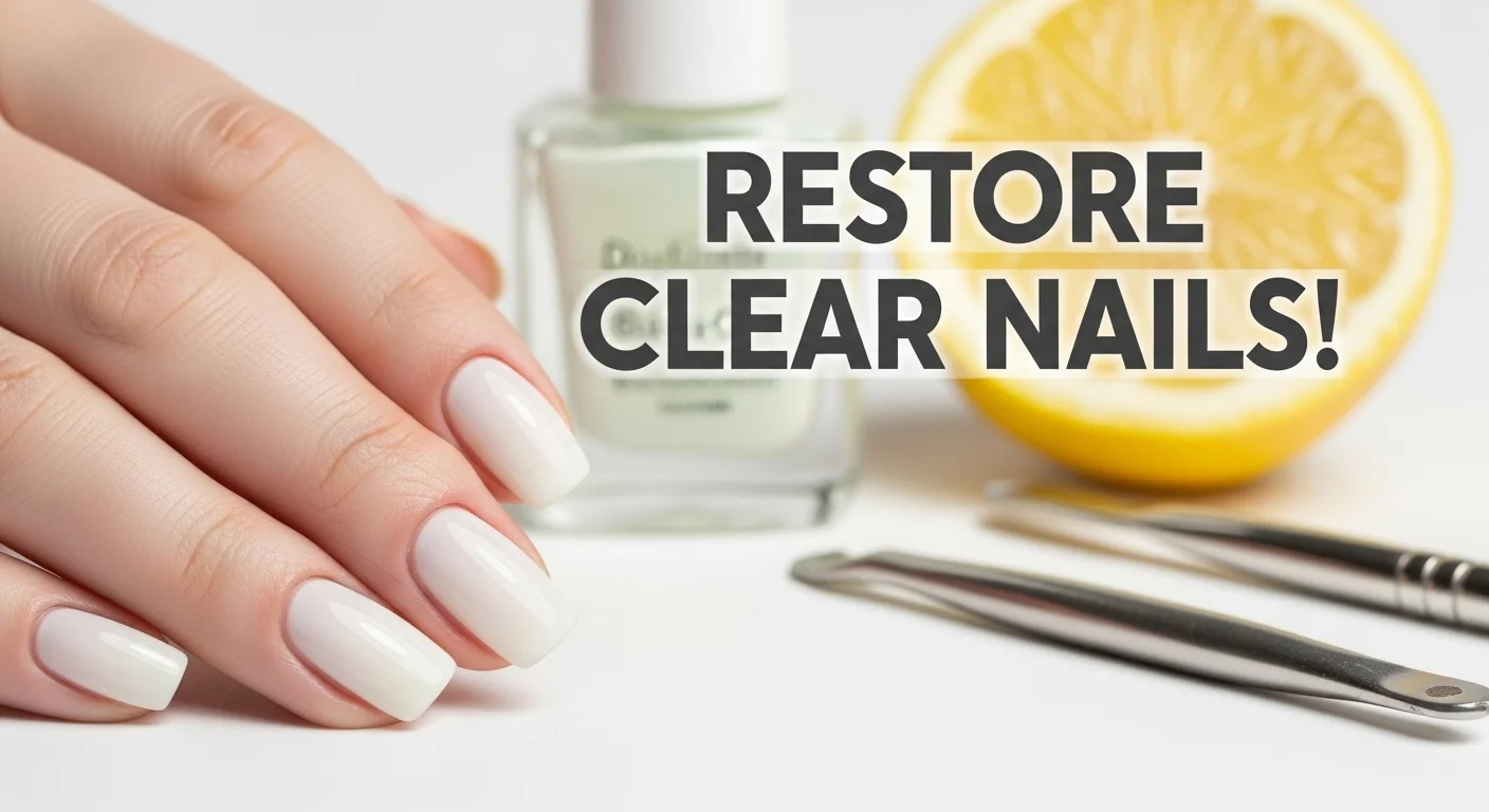 Titled 'Dealing with Yellow or Discolored Nails.' Show a close-up of healthy, natural nails with a smooth, clear appearance, free of discoloration. Include a subtle background with a bottle of clear base coat polish and a lemon slice to suggest whitening remedies.