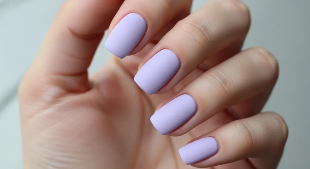 Realistic hand with matte lavender dip powder nails.