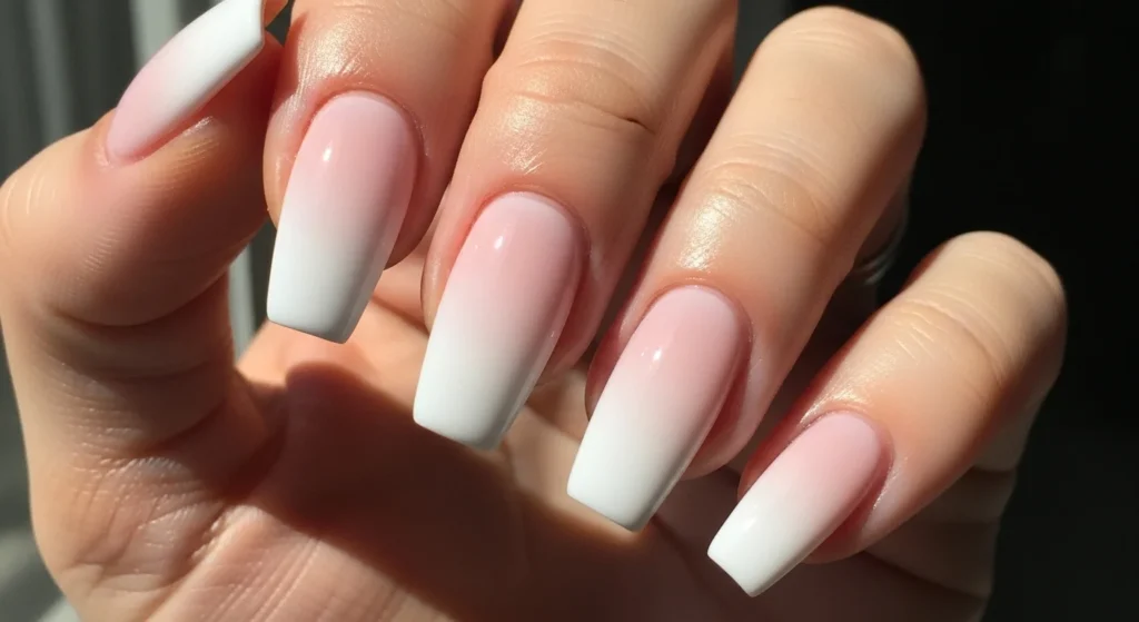 A hand with matte lavender dip powder nails.