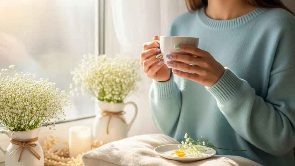a young woman sitting by a sunlit window in a cozy, softly decorated room. She is enjoying a calm spring morning with a cup of herbal tea, wearing a light pastel-colored sweater that complements her freshly manicured Easter nails in soft shades of mint green, lilac purple, and peach.