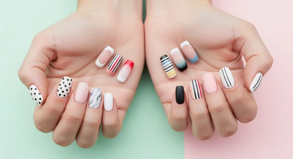Hands with 10 different easy DIY nail art designs including polka dots, stripes, ombre, glitter, and marble, displayed on a soft pastel background.