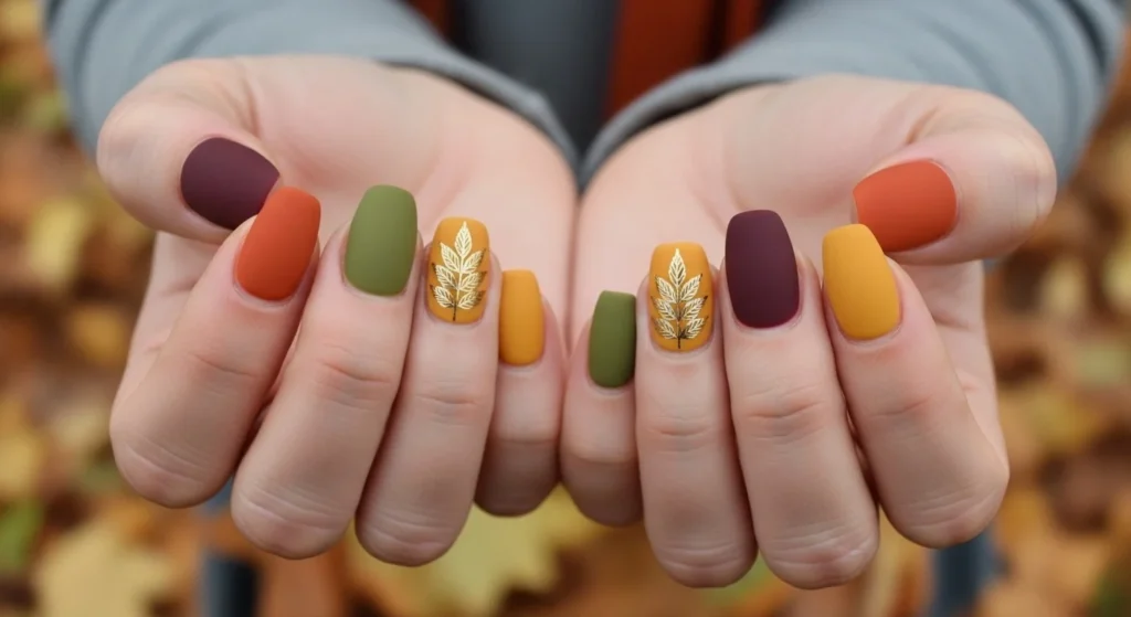 close-up of hands with fall-themed nail art, warm autumn color palette