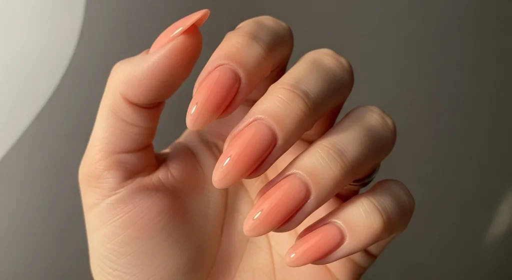 Realistic hand with peach almond-shaped gel extensions.