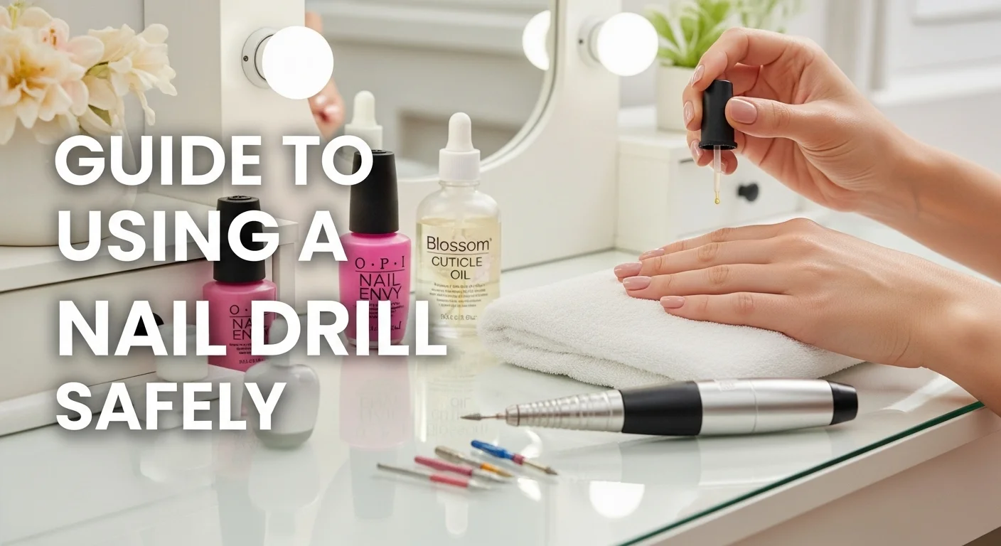 A banner image with text, A woman’s hands with healthy, glossy natural nails apply cuticle oil. The background is bright and airy, with soft natural light.