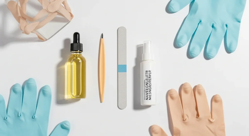 nail recovery tools. Show a flat lay of a cuticle oil bottle, a fine-grit nail file, protective gloves, and a nail strengthener on a clean white surface.