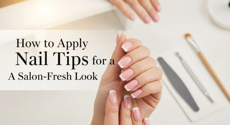 Close-up of hands with perfectly applied nail tips and nail tools, showcasing a salon-quality manicure.