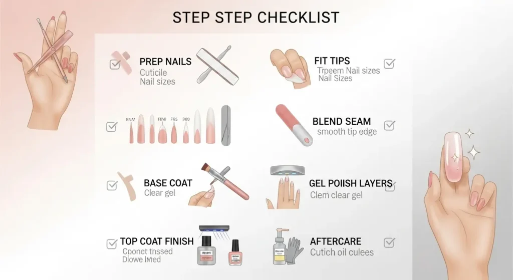A info graphic show How to Apply Nail Tips with Gel Polish