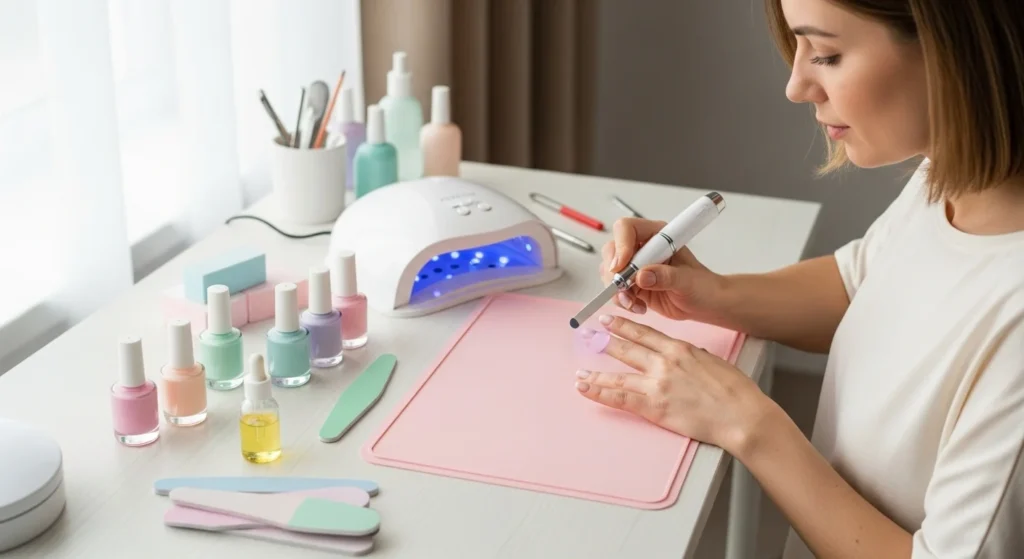 Woman giving herself a professional-style manicure at home using pro tools including a nail file, UV lamp, and cuticle oil on a clean, bright desk.