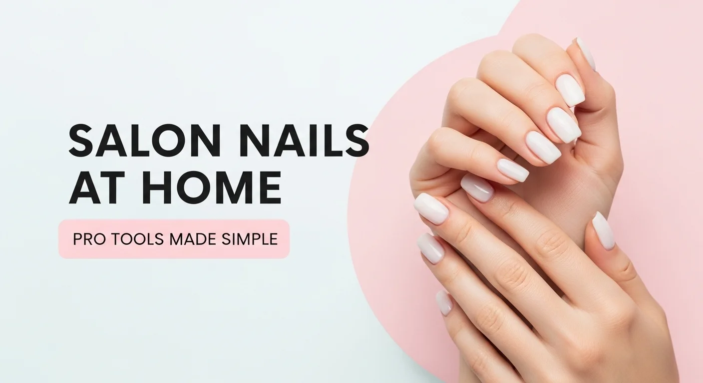 Thumbnail showing glossy manicured nails with overlay text reading ‘Salon Nails at Home, Pro Tools Made Simple.’