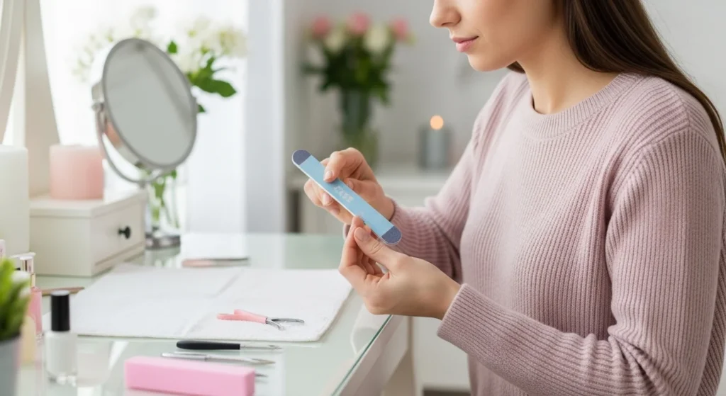 A young woman sitting at a bright, cozy vanity table shaping her nails at home. Natural lighting, soft pastel tones, and a relaxed lifestyle vibe.