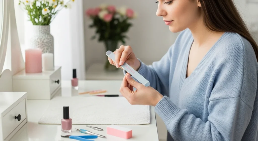 A young woman sitting at a bright, cozy vanity table shaping her nails at home. Natural lighting, soft pastel tones, and a relaxed lifestyle vibe.