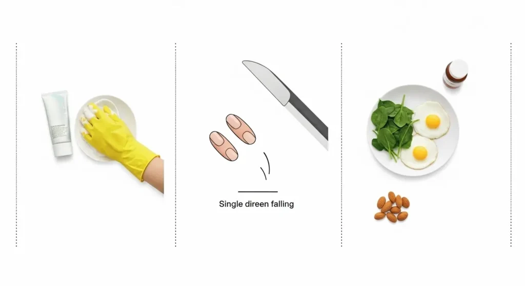 Infographic split showing moisturizing & protection, nail care practices, and nutrition for stronger nails.