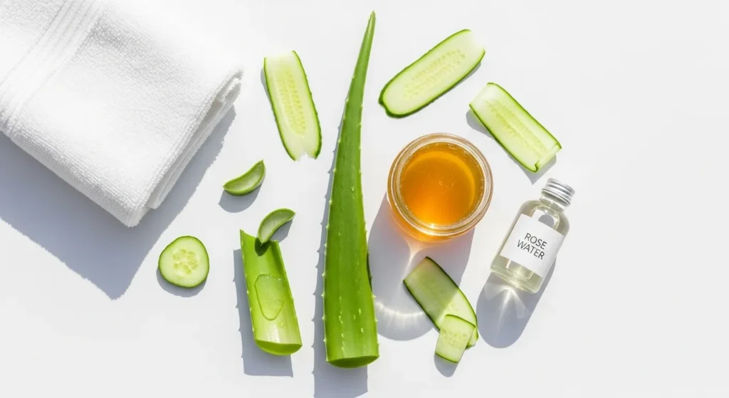 Natural skincare ingredients like aloe vera, honey, cucumber, and rose water arranged in a flat lay for glowing skin at home.