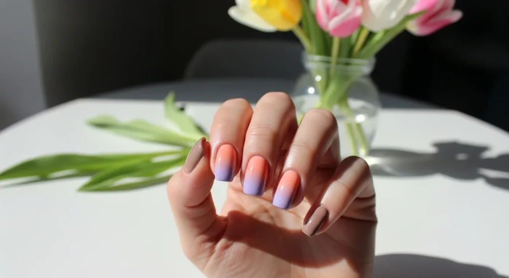 Close-up of a hand with nails painted in pastel lavender, peach, and taupe, showcasing spring nail color trends on a white table with tulips.