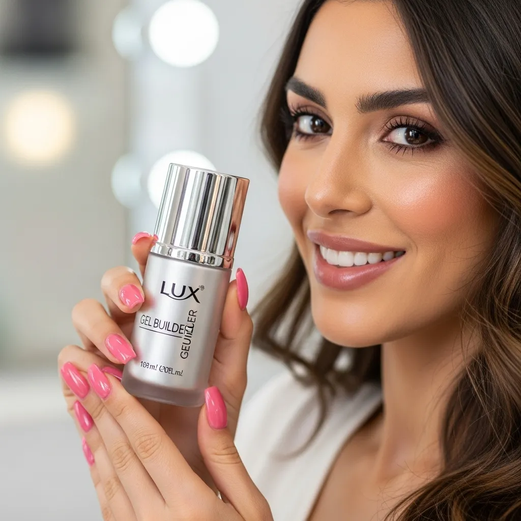 A woman show Lux Gel Builder in her hand with smile face.