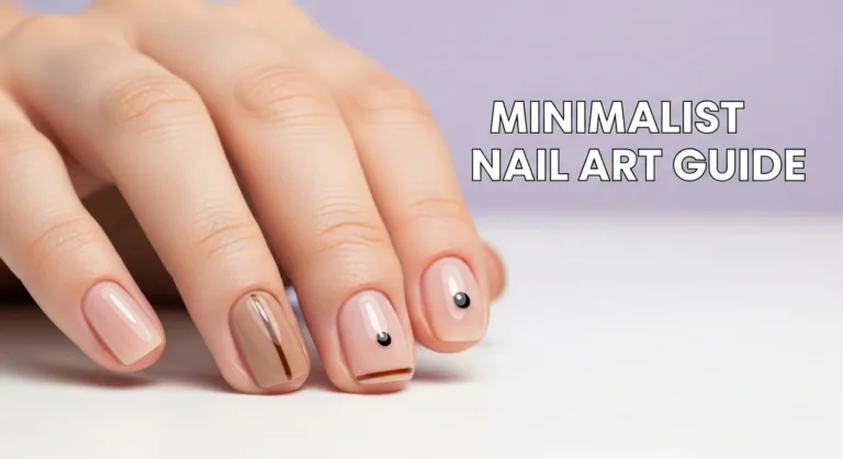 a high-resolution thumbnail image (16:9 ratio) for a beginner’s guide on minimalist nail art. Show a close-up of a hand with short, rounded nails featuring simple designs