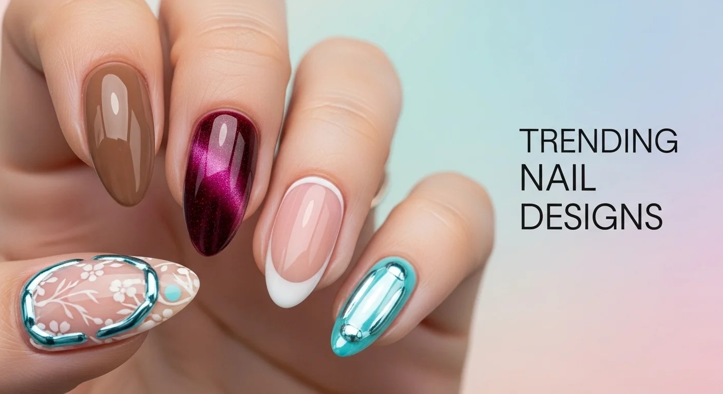 a vibrant, high-resolution image of a close-up hand showcasing trending nail designs with text.