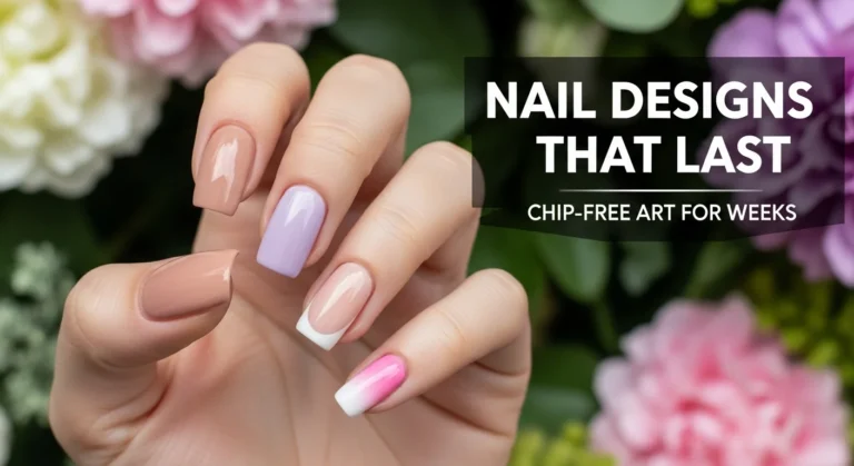 hand showing gel, dip powder, acrylic, and ombre nails, with text ‘Nail Designs That Last: Tips to Keep Your Art Chip-Free for Weeks’.