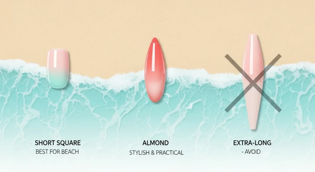 Three sets of hands with short square, squoval, and almond nails in coral and turquoise polish, resting on a surfboard by the ocean with a sunny beach and palm trees