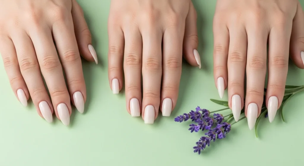 Three hands displaying almond, squoval, and stiletto nail shapes with cream polish, on a light green surface with lavender for spring.