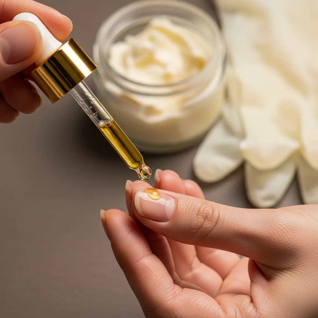 Applying cuticle oil with a dropper onto dry cuticles.