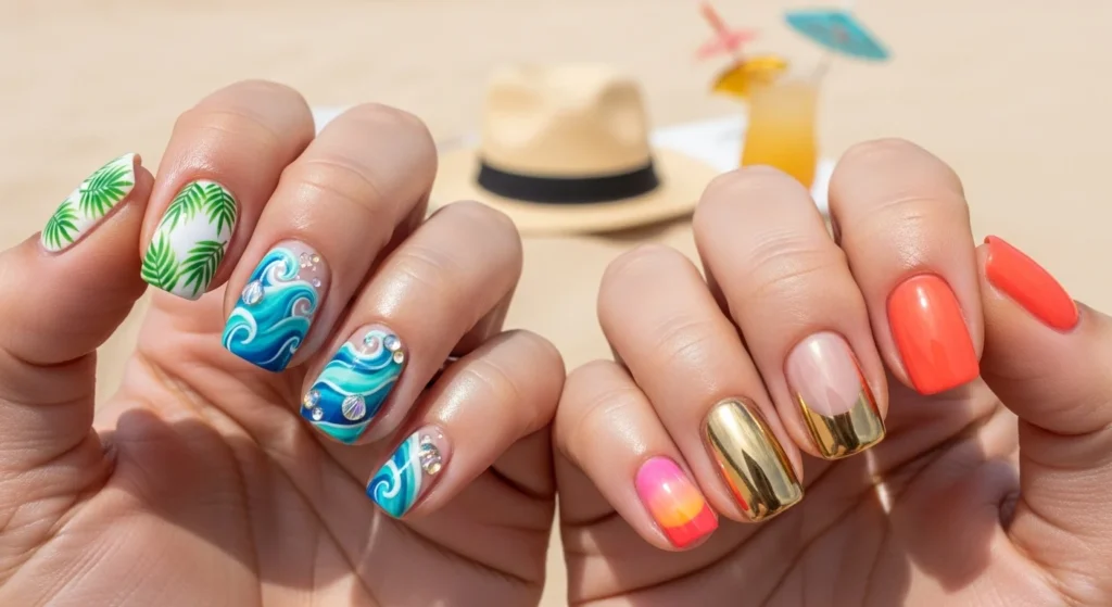 Close-up of hands displaying tropical palm leaf, ocean wave, sunset ombre, gold chrome, and minimal coral nail designs, set on a beach with sand, a straw hat, and a tropical drink