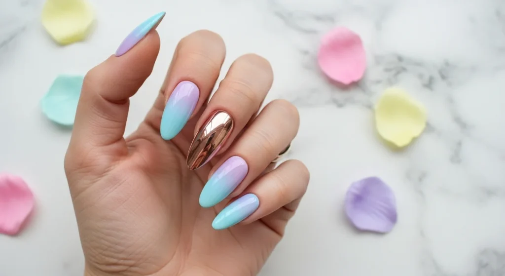 Almond nails with pastel ombre (lavender to baby blue) and one rose gold chrome nail, on a marble surface with pastel petals for spring.