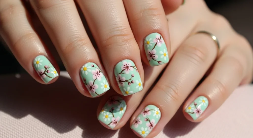 Short nails with floral nail art, including daisies and cherry blossoms on a mint green base, against a pink fabric background for spring.
