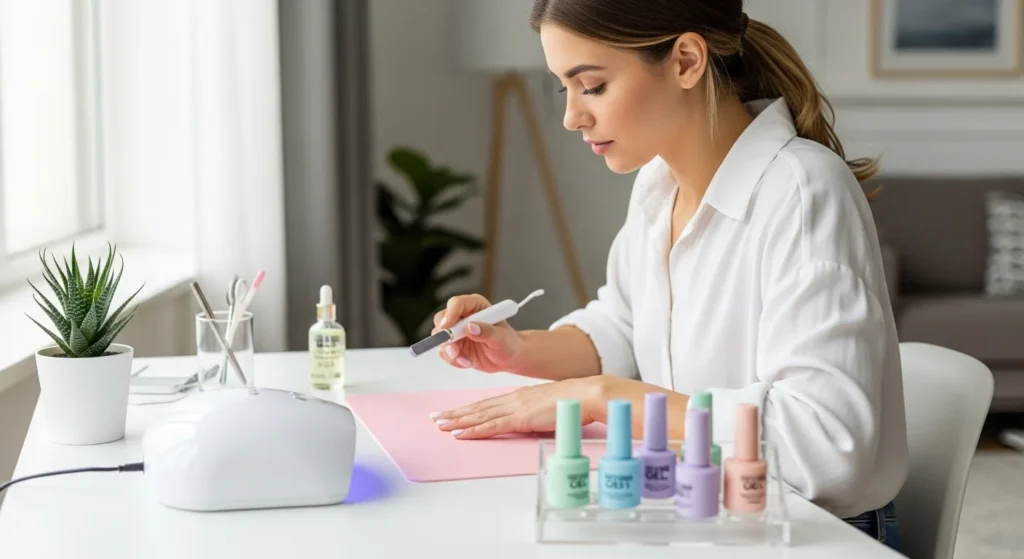 Woman doing a salon-quality manicure at home using pro nail tools, including a nail drill, UV lamp, and polish, on a clean white desk with natural light.