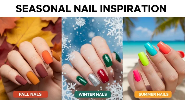 Thumbnail showing fall, winter, and summer nail designs with seasonal colors and backgrounds.