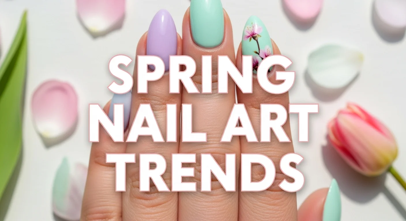 Thumbnail with almond nails in pastel ombre and floral accent, bold text "Spring Nail Art Trends" in white, on a white background with petals and a tulip for spring.