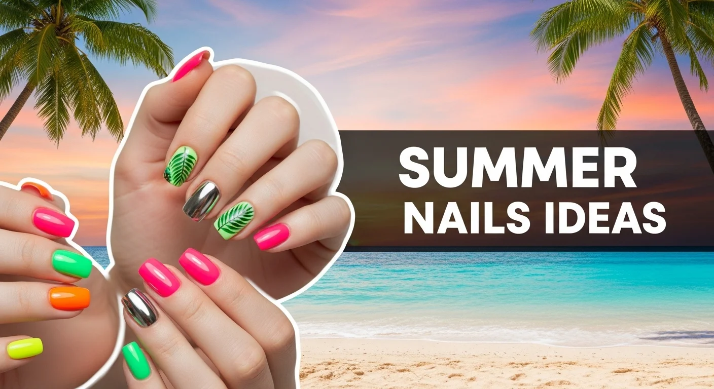 Close-up of hands with neon pink, tropical palm leaf, and chrome nail designs on a sandy beach, with a turquoise ocean, palm trees, and a pink-orange sunset sky in the background, featuring bold text overlay Summer Nails ideas