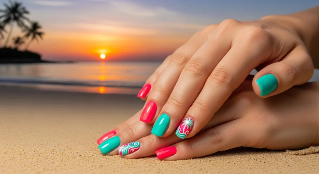 Flat-lay of nail polish bottles in neon pink, lime green, electric blue, coral, turquoise, and white on a beach towel with seashells and sunglasses, set against a blue sky and ocean