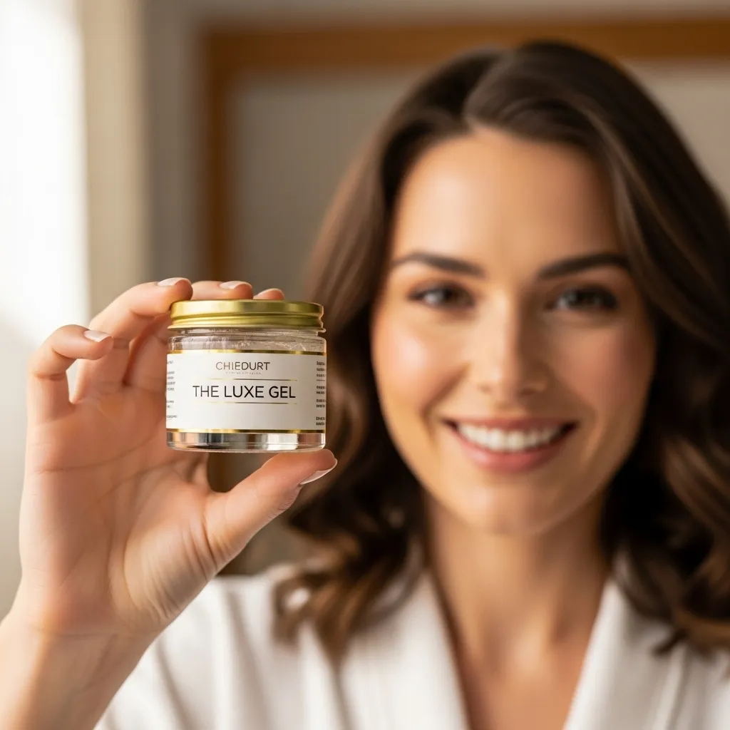 A smiling woman wearing robe show a luxe gel product.