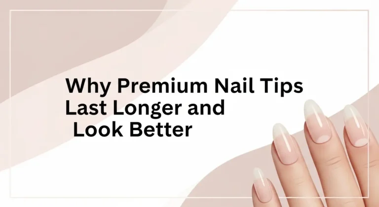 Minimalist thumbnail with soft pink background, text reading ‘Why Premium Nail Tips Last Longer and Look Better,’ and a hand showing glossy nail tips.