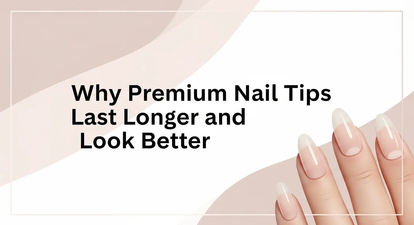 Minimalist thumbnail with soft pink background, text reading ‘Why Premium Nail Tips Last Longer and Look Better,’ and a hand showing glossy nail tips.