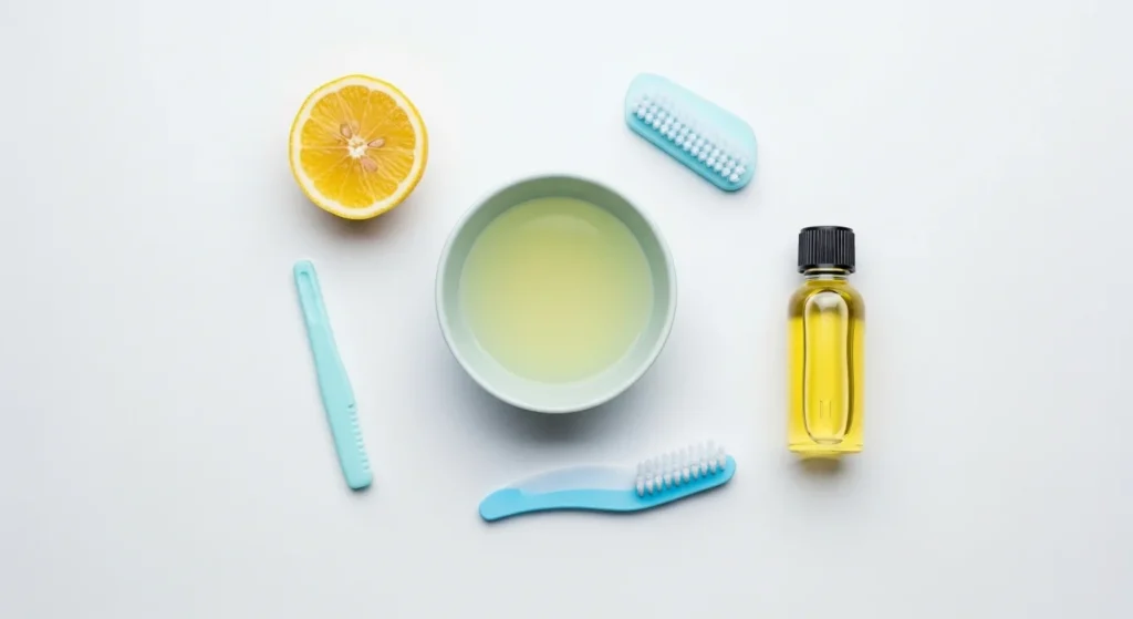 Show a flat lay of tools like a small bowl of diluted lemon juice, a soft nail brush, and a bottle of cuticle oil on a clean white surface.