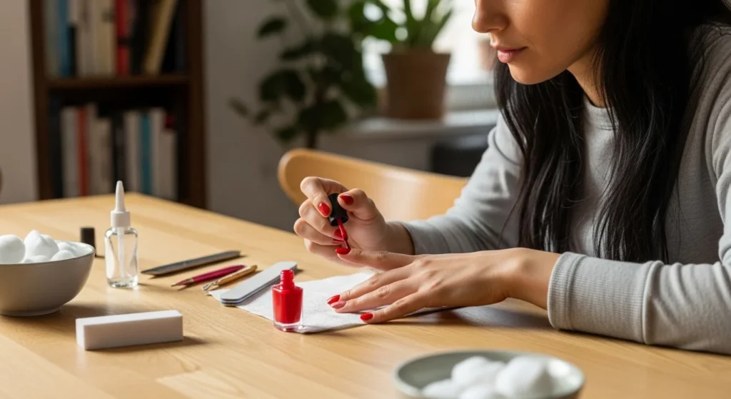 A woman care and her nail at home.