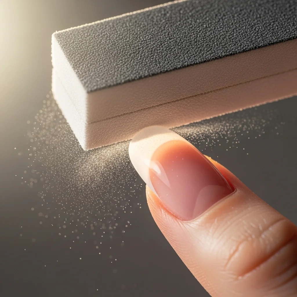 Buffing the seam to blend the nail tip with the natural nail.